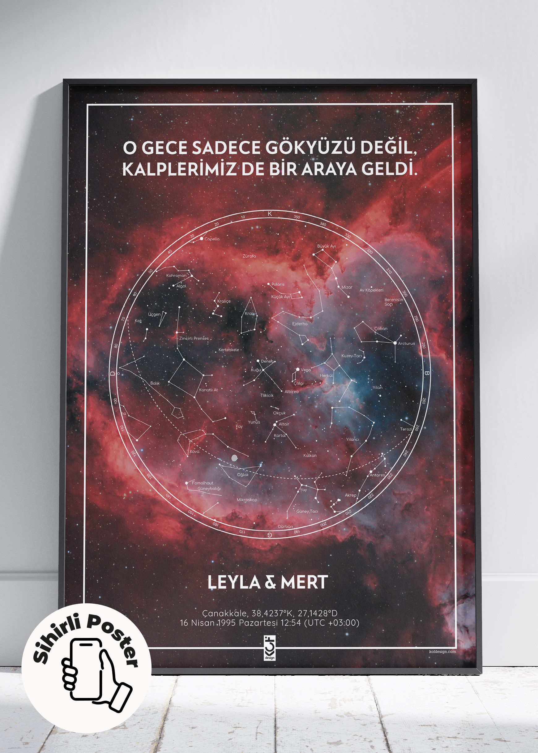 Kalp Bulutsusu Kişiye Özel Sihirli Gökyüzü Haritası Posteri