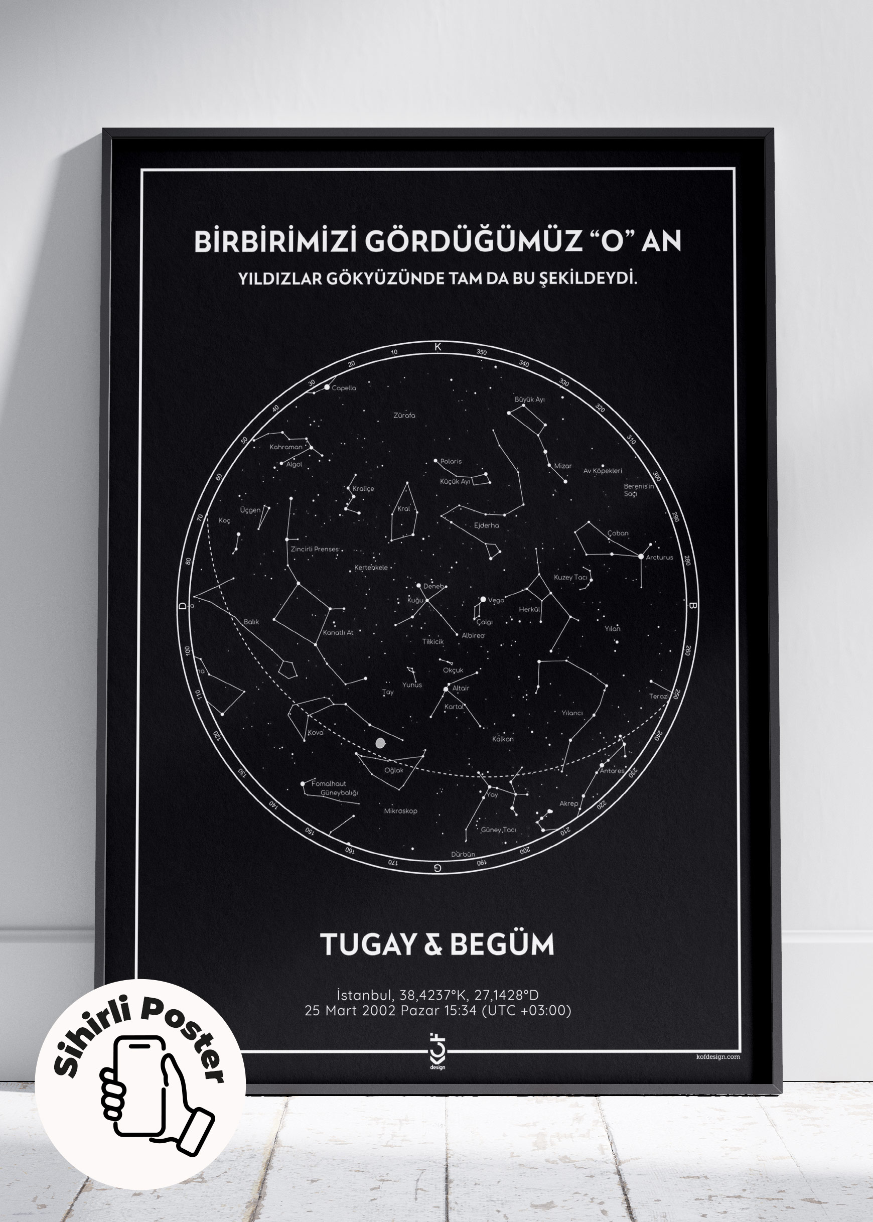 Klasik Siyah Kişiye Özel Sihirli Gökyüzü Haritası Posteri